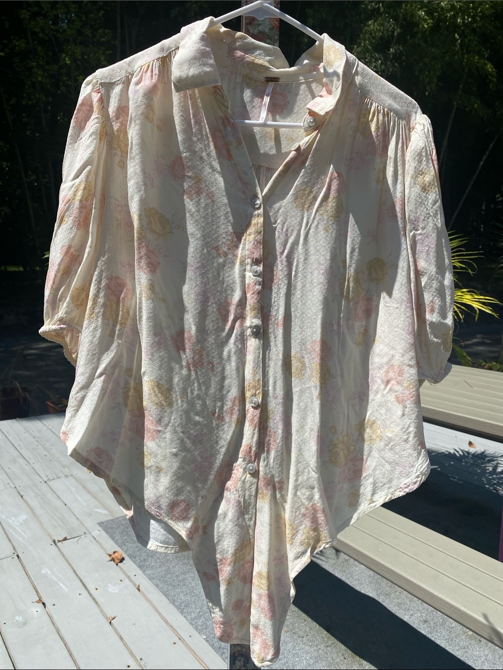 Free People Cream Button-Down Shirt with Pink & Yellow Floral Tye Front